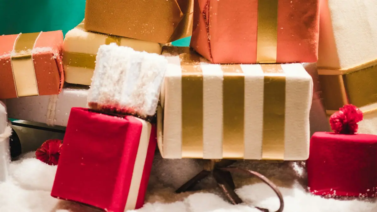 A tall pile of wrapped gifts in red, gold and kraft paper