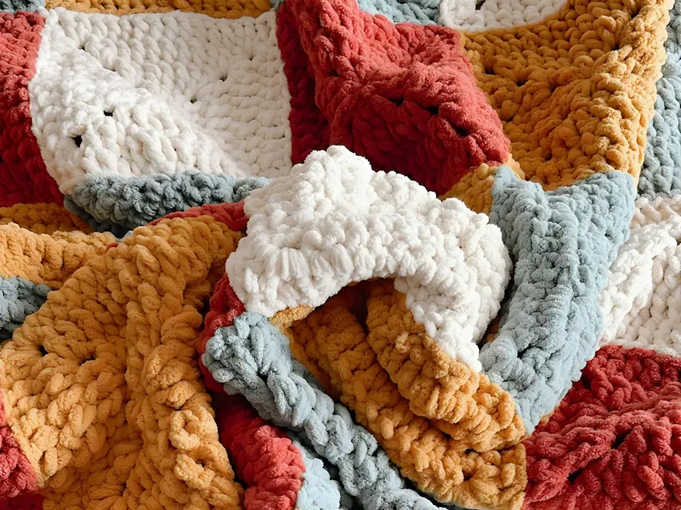 A crocheted throw blanket spread across a bed
