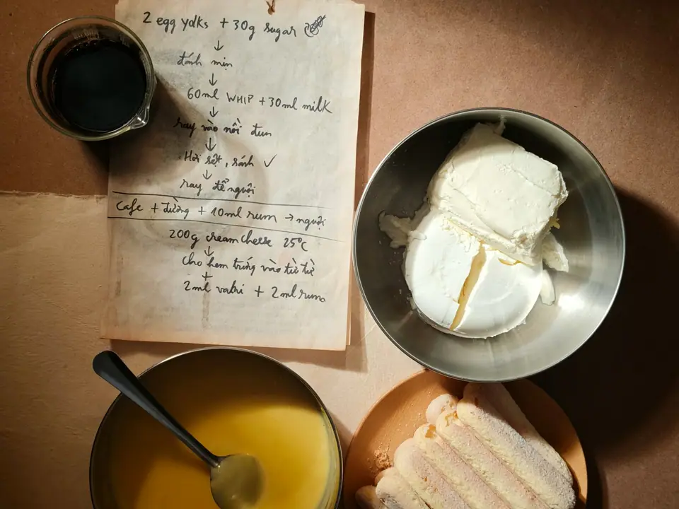 A handwritten recipe card beside baking ingredients
