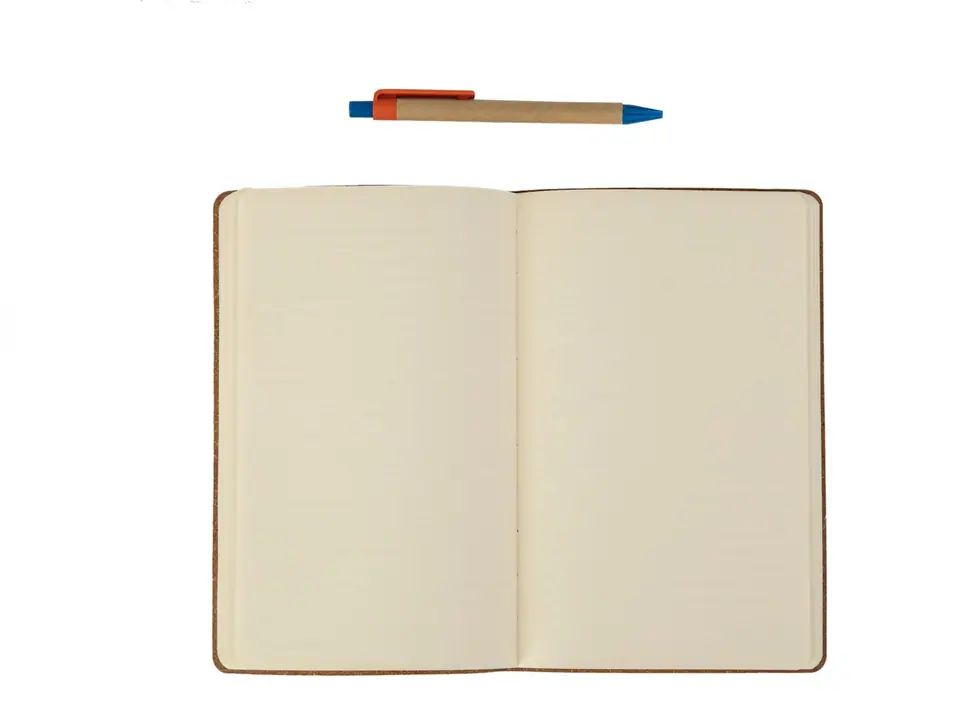 An open lined notebook with a pen above it