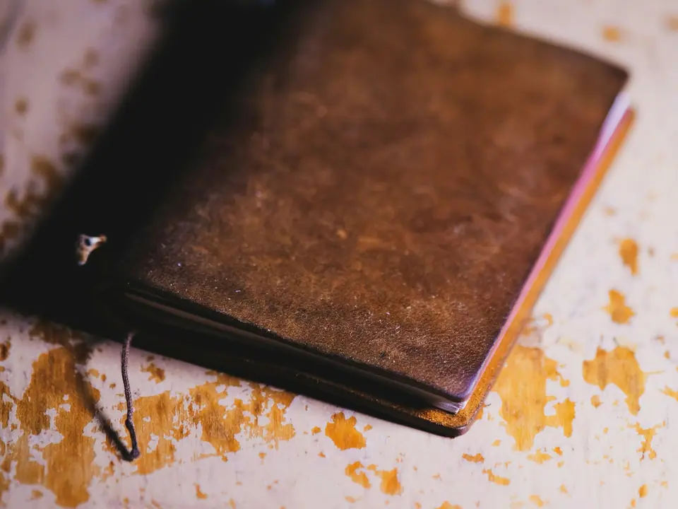 A small brown leather notebook on a wooden surface